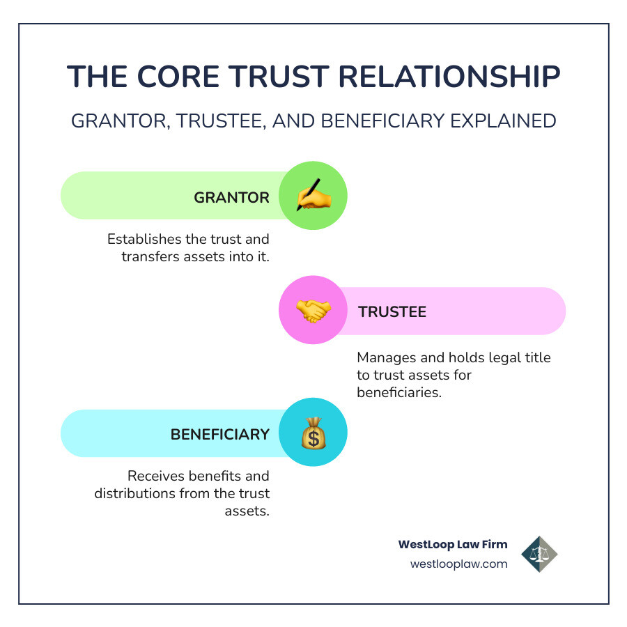 infographic showing the three-part relationship between grantor, trustee, and beneficiaries, with arrows indicating asset transfer from grantor to trustee, trustee management duties, and distribution to beneficiaries - houston trust lawyer infographic infographic-line-3-steps-colors infographic showing the three-part relationship between grantor, trustee, and beneficiaries, with arrows indicating asset transfer from grantor to trustee, trustee management duties, and distribution to beneficiaries - houston trust lawyer infographic infographic-line-3-steps-colors