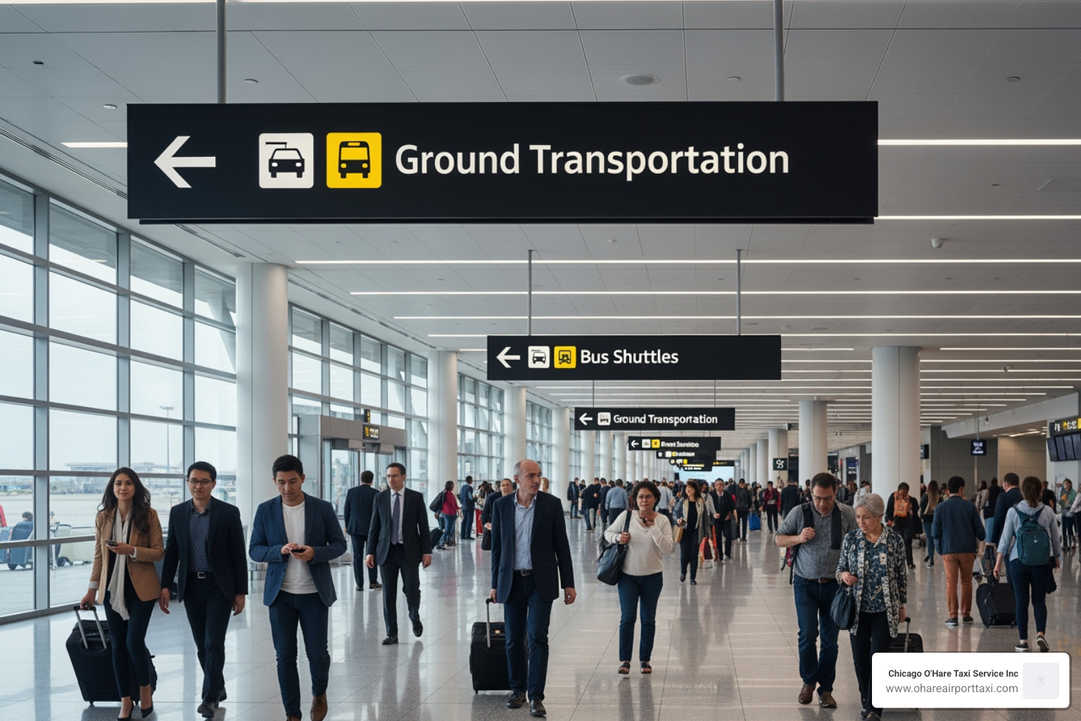 O'Hare Terminal signage for Ground Transportation and Bus Shuttle Center - Chicago O'Hare shuttle O'Hare Terminal signage for Ground Transportation and Bus Shuttle Center - Chicago O'Hare shuttle