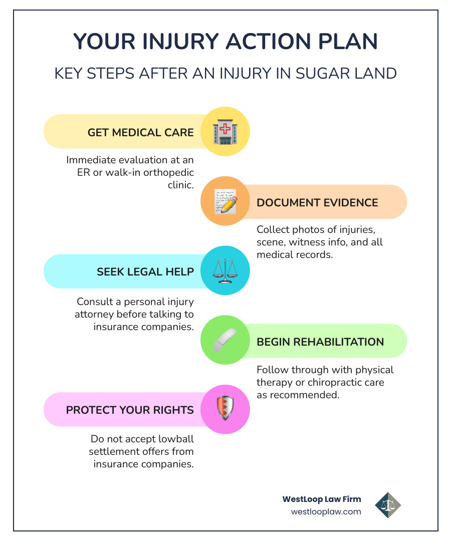 infographic showing three sequential steps: Step 1 - Seek Immediate Medical Care with icon of hospital building and text "Visit ER or walk-in clinic on Hwy 6 or Southwest Freeway, get diagnostic imaging"; Step 2 - Document Everything with icon of camera and clipboard showing "Photos of injuries and scene, witness contact info, all medical records and bills"; Step 3 - Get a Legal Consultation with icon of scales of justice showing "Free case review, before talking to insurance, protect your compensation rights" - Injury help Sugar Land infographic infographic-line-5-steps-colors infographic showing three sequential steps: Step 1 - Seek Immediate Medical Care with icon of hospital building and text "Visit ER or walk-in clinic on Hwy 6 or Southwest Freeway, get diagnostic imaging"; Step 2 - Document Everything with icon of camera and clipboard showing "Photos of injuries and scene, witness contact info, all medical records and bills"; Step 3 - Get a Legal Consultation with icon of scales of justice showing "Free case review, before talking to insurance, protect your compensation rights" - Injury help Sugar Land infographic infographic-line-5-steps-colors