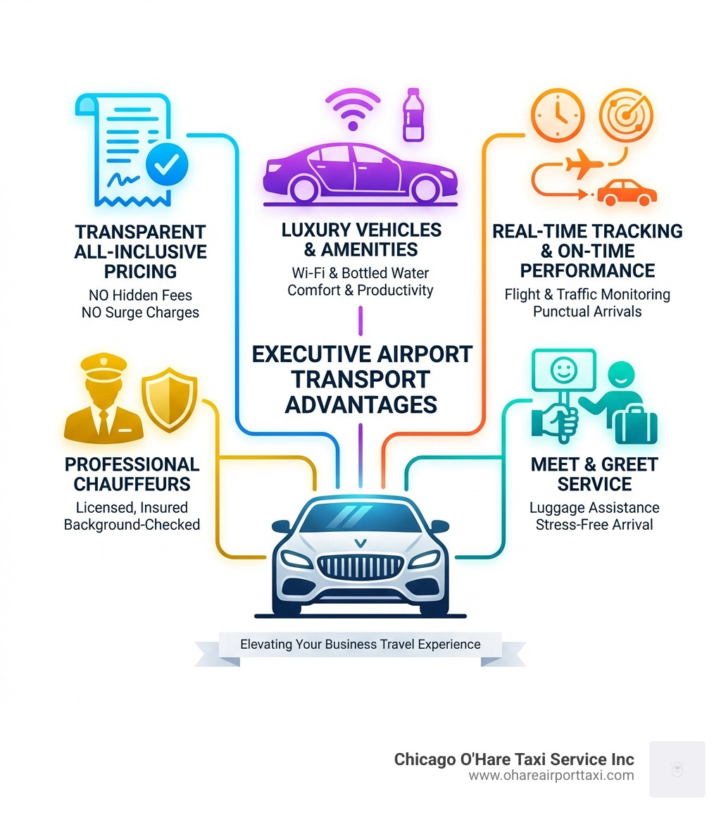 Infographic showing the key advantages of executive airport transport: transparent all-inclusive pricing with no hidden fees or surge charges, professional chauffeurs who are licensed insured and background-checked, luxury vehicles with amenities like Wi-Fi and bottled water, real-time flight tracking and traffic monitoring for on-time performance, and meet and greet service with luggage assistance - Executive airport transport infographic Infographic showing the key advantages of executive airport transport: transparent all-inclusive pricing with no hidden fees or surge charges, professional chauffeurs who are licensed insured and background-checked, luxury vehicles with amenities like Wi-Fi and bottled water, real-time flight tracking and traffic monitoring for on-time performance, and meet and greet service with luggage assistance - Executive airport transport infographic