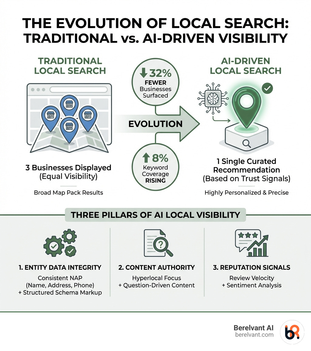 Infographic showing the evolution of local search: Traditional search displays 3 businesses in a map pack with equal visibility, while AI search provides a single curated recommendation based on trust signals, with metrics showing 32% fewer businesses surfaced and 8% keyword coverage rising. The infographic includes three pillars of AI local visibility: Entity Data Integrity (consistent NAP + schema), Content Authority (hyperlocal + question-driven), and Reputation Signals (review velocity + sentiment). - AI for local SEO infographic 