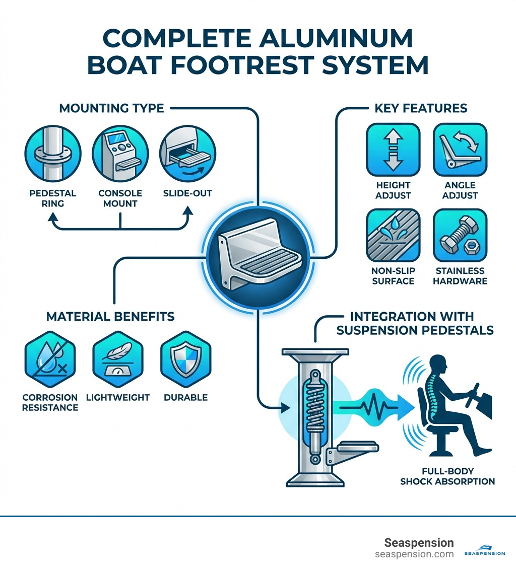 Infographic showing the components of a complete aluminum boat footrest system: mounting type (pedestal ring, console mount, slide-out), material benefits (corrosion resistance, lightweight, durable), key features (height adjust, angle adjust, non-slip surface, stainless hardware), and integration with suspension pedestals for full-body shock absorption - aluminum boat footrest infographic 