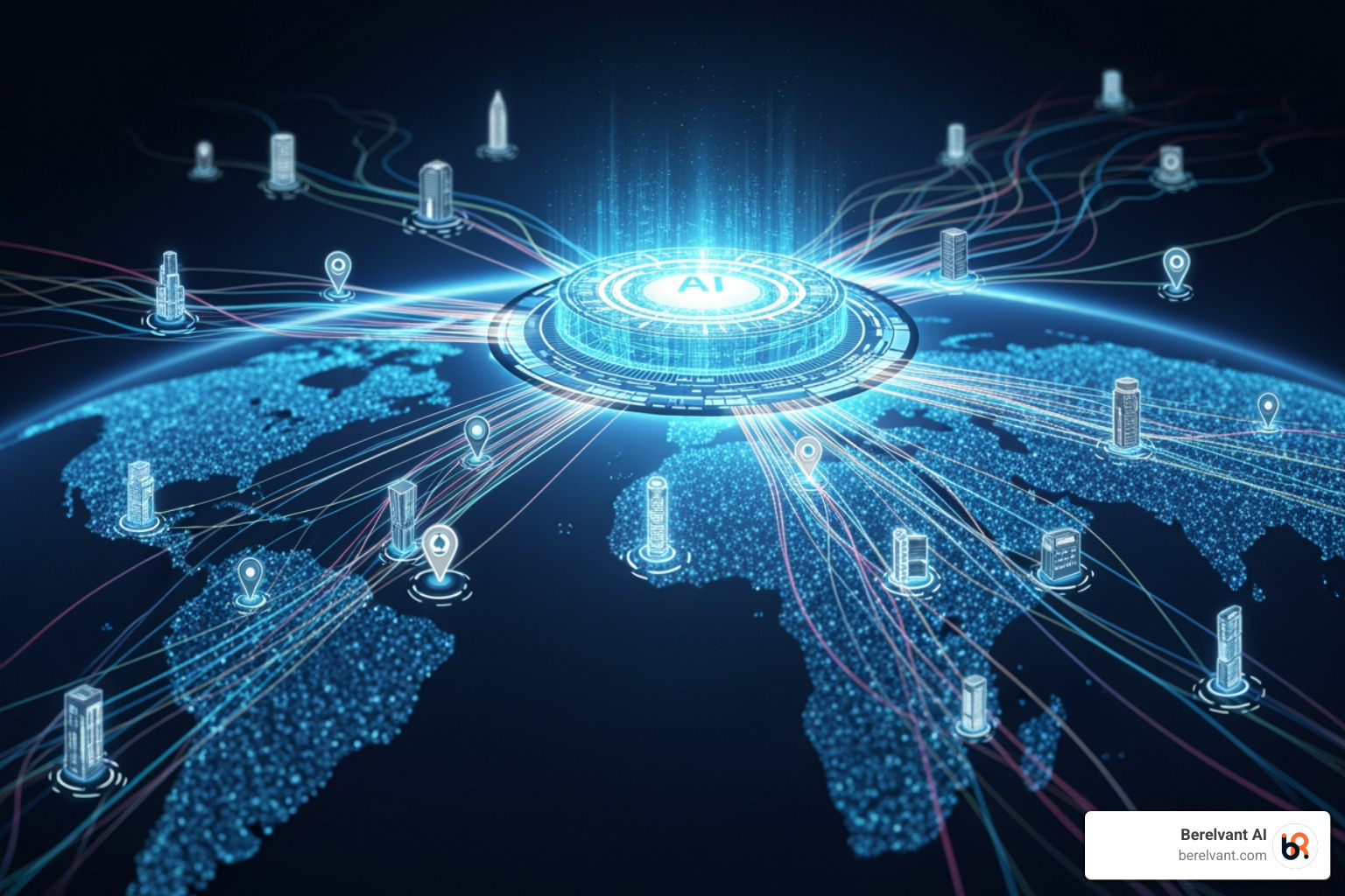 Flowchart showing a centralized AI system managing data, content, and reviews for multiple franchise locations across different countries. - AI for local SEO