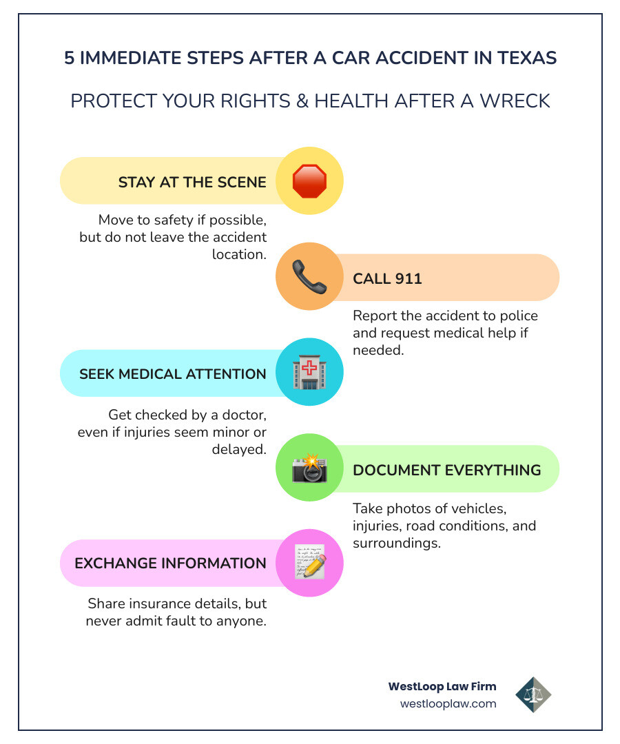 Infographic showing 5 immediate steps after a car accident in Texas: 1. Stay at the scene and move to safety if possible, 2. Call 911 to report the accident and request medical help, 3. Seek medical attention even if injuries seem minor, 4. Document everything with photos of vehicles, injuries, and road conditions, 5. Exchange insurance information but do not admit fault to anyone - Woodlands auto accident attorney infographic infographic-line-5-steps-colors Infographic showing 5 immediate steps after a car accident in Texas: 1. Stay at the scene and move to safety if possible, 2. Call 911 to report the accident and request medical help, 3. Seek medical attention even if injuries seem minor, 4. Document everything with photos of vehicles, injuries, and road conditions, 5. Exchange insurance information but do not admit fault to anyone - Woodlands auto accident attorney infographic infographic-line-5-steps-colors