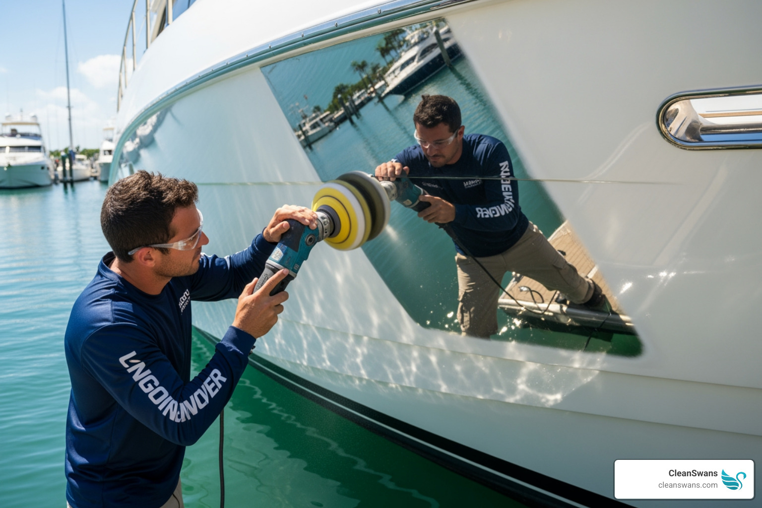 detailer polishing boat hull - Boat detailing services