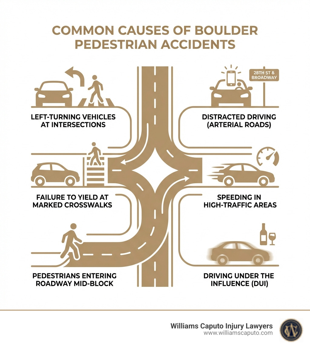 infographic showing common causes of Boulder pedestrian accidents including left-turning vehicles at intersections, failure to yield at marked crosswalks, distracted driving on arterial roads like 28th Street and Broadway, speeding in high-traffic areas, pedestrians entering roadway mid-block, and driving under the influence - pedestrian accident lawyer Boulder infographic 
