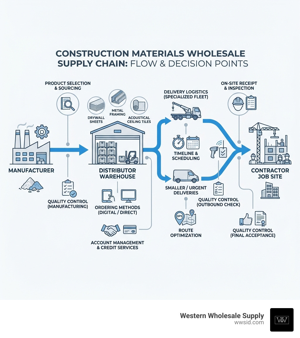 infographic showing the construction materials wholesale supply chain from manufacturer through distributor warehouses to contractor job sites, with key decision points including product selection, ordering methods, delivery logistics, and quality control checkpoints - construction materials wholesale infographic infographic showing the construction materials wholesale supply chain from manufacturer through distributor warehouses to contractor job sites, with key decision points including product selection, ordering methods, delivery logistics, and quality control checkpoints - construction materials wholesale infographic