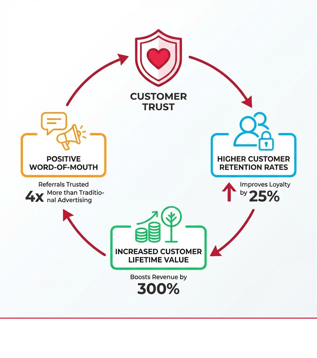 Infographic explaining the core benefits of customer trust: A cycle diagram illustrating how trust leads to higher customer retention rates, which increases customer lifetime value, and positive word-of-mouth. Each stage shows percentage improvements: retention improves loyalty by 25%, increased lifetime value boosts revenue by 300%, and word-of-mouth referrals are trusted 4x more than traditional advertising. - Build customer trust infographic 