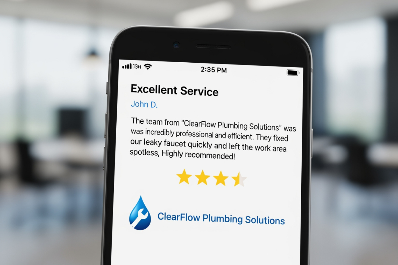 5-star review for a plumbing company on a mobile phone - Build customer trust