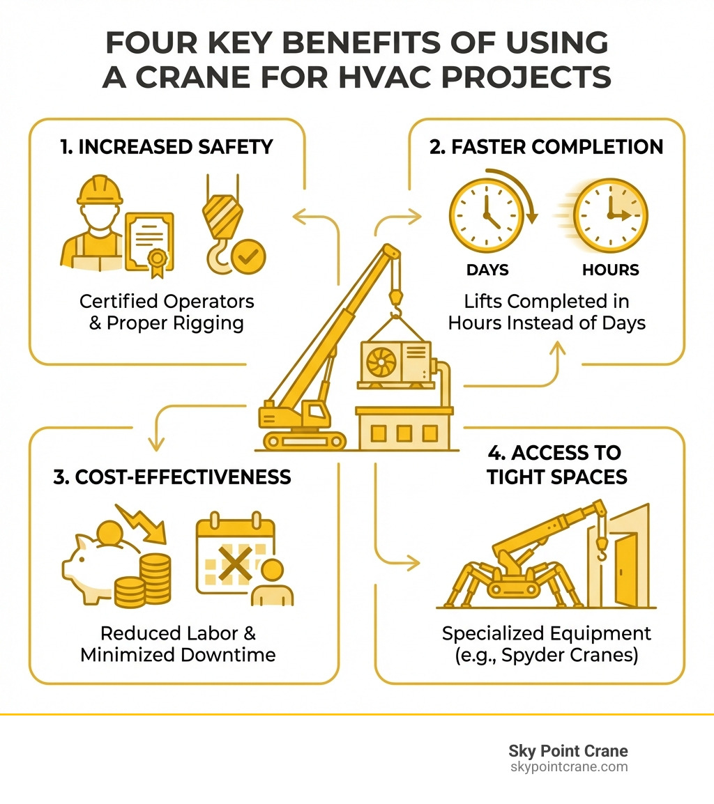 Infographic showing the four key benefits of using a crane for HVAC projects: Increased Safety through certified operators and proper rigging, Faster Completion with lifts completed in hours instead of days, Cost-Effectiveness by reducing labor and minimizing downtime, and Access to Tight Spaces using specialized equipment like Spyder cranes - Crane Rental for HVAC Contractors infographic Infographic showing the four key benefits of using a crane for HVAC projects: Increased Safety through certified operators and proper rigging, Faster Completion with lifts completed in hours instead of days, Cost-Effectiveness by reducing labor and minimizing downtime, and Access to Tight Spaces using specialized equipment like Spyder cranes - Crane Rental for HVAC Contractors infographic