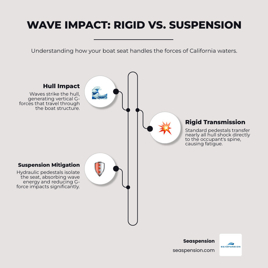 infographic showing wave impact transmission through rigid pedestal versus hydraulic shock-absorbing pedestal, with force arrows indicating how standard seats transfer hull shock directly to occupant while suspension systems isolate and dampen vertical G-forces before reaching the body - boat seat pedestal California infographic infographic-line-3-steps-elegant_beige infographic showing wave impact transmission through rigid pedestal versus hydraulic shock-absorbing pedestal, with force arrows indicating how standard seats transfer hull shock directly to occupant while suspension systems isolate and dampen vertical G-forces before reaching the body - boat seat pedestal California infographic infographic-line-3-steps-elegant_beige