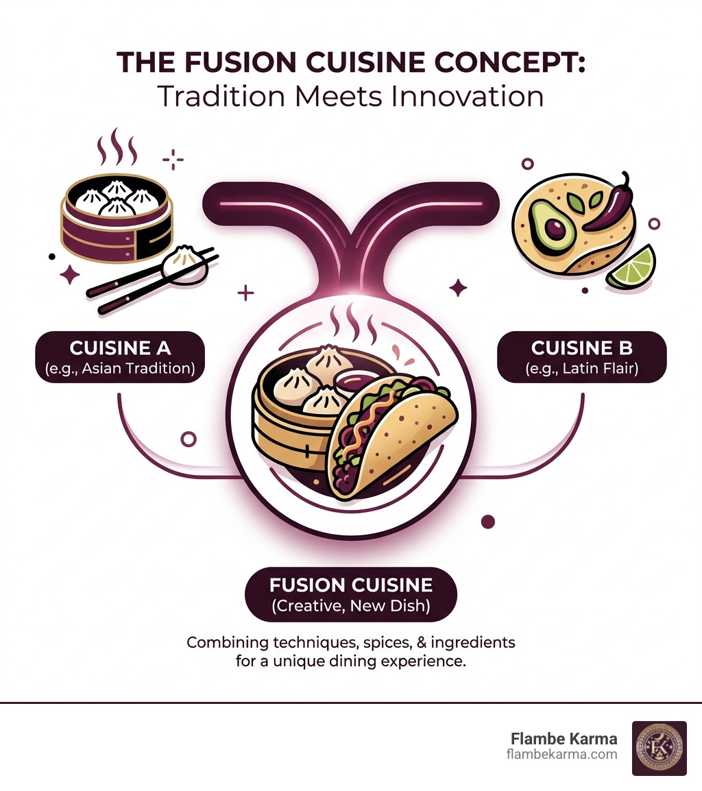 Infographic explaining the concept of fusion cuisine by showing two different cuisines merging into one dish - fusion cuisine near me infographic 