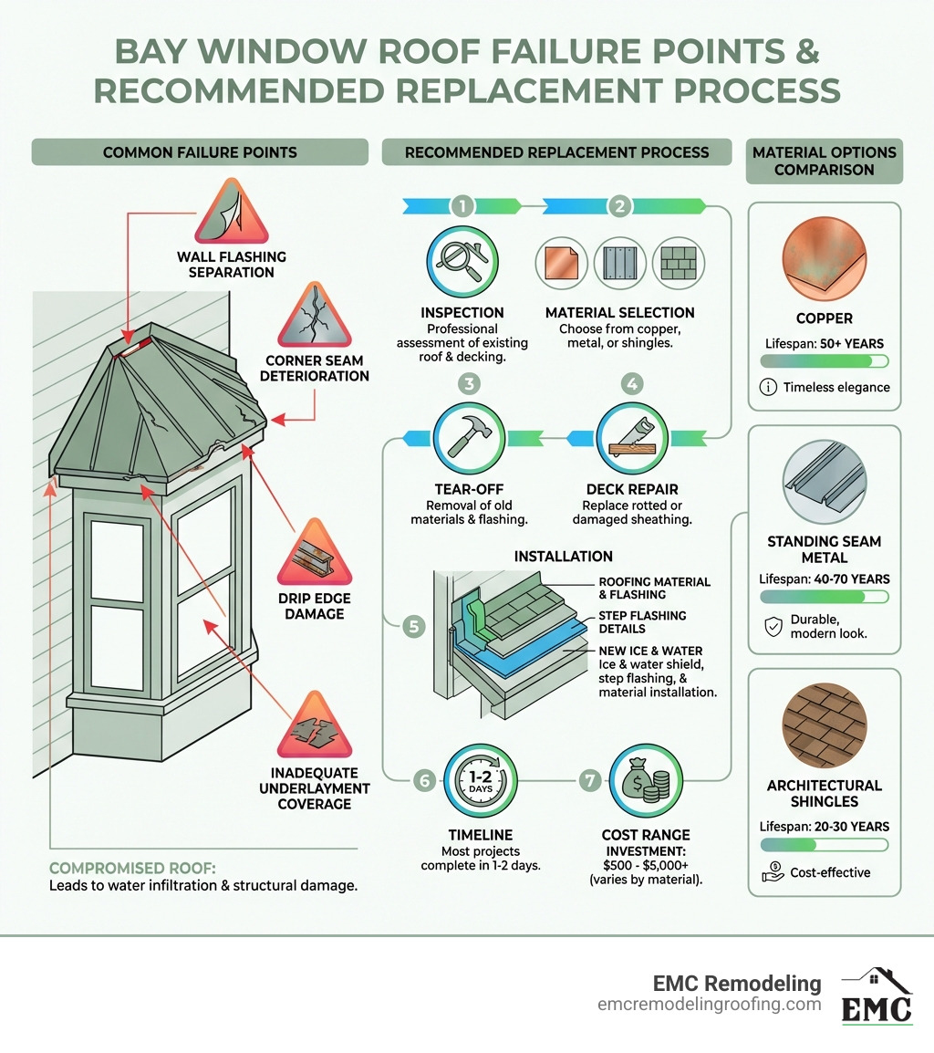 detailed infographic showing common bay window roof failure points including wall flashing separation, corner seam deterioration, drip edge damage, inadequate underlayment coverage, and the recommended replacement process with proper ice and water shield installation, step flashing details, and material options comparison - bay roof replacement infographic detailed infographic showing common bay window roof failure points including wall flashing separation, corner seam deterioration, drip edge damage, inadequate underlayment coverage, and the recommended replacement process with proper ice and water shield installation, step flashing details, and material options comparison - bay roof replacement infographic