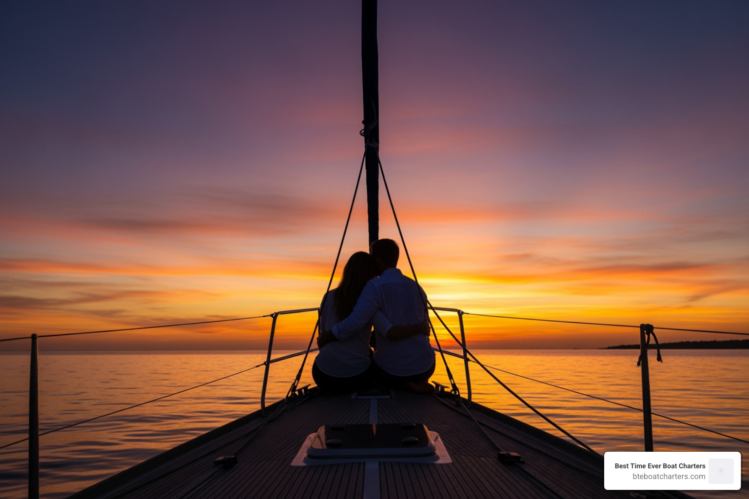 A couple enjoying a quiet moment on the bow of a boat at sunset, silhouetted against the vibrant sky. - Key West private sunset cruise A couple enjoying a quiet moment on the bow of a boat at sunset, silhouetted against the vibrant sky. - Key West private sunset cruise
