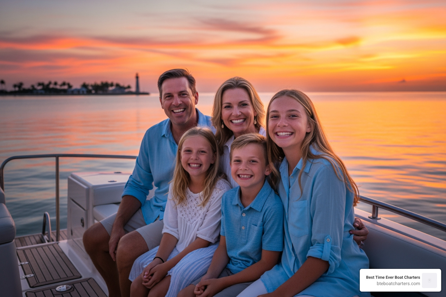 A family smiling on a boat with the sunset behind them, enjoying a private moment. - Key West private sunset cruise A family smiling on a boat with the sunset behind them, enjoying a private moment. - Key West private sunset cruise