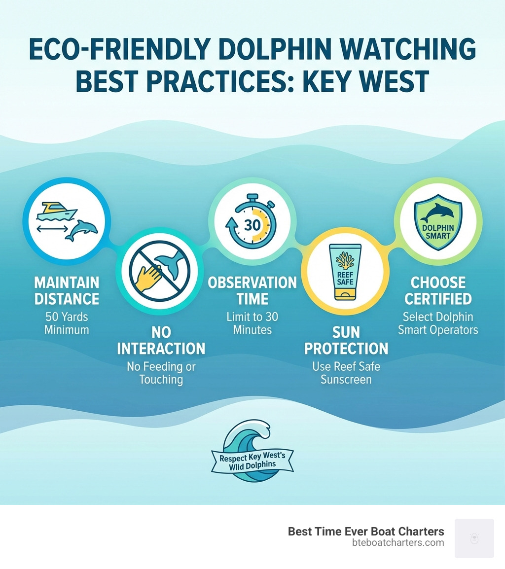 infographic showing dolphin watching best practices including maintaining 50 yard distance, no feeding or touching, limiting observation time to 30 minutes, using reef safe sunscreen, and choosing dolphin smart certified operators - best dolphin tour key west infographic infographic showing dolphin watching best practices including maintaining 50 yard distance, no feeding or touching, limiting observation time to 30 minutes, using reef safe sunscreen, and choosing dolphin smart certified operators - best dolphin tour key west infographic