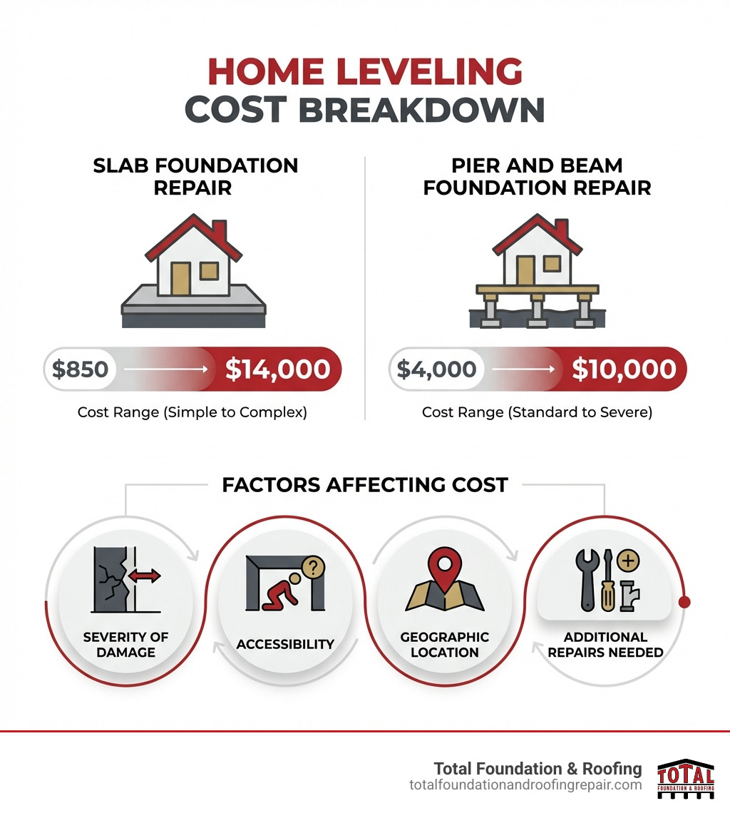 infographic showing home leveling cost breakdown by foundation type with slab foundation repair ranging from $850 to $14,000, pier and beam foundation repair from $4,000 to $10,000, and factors affecting cost including severity of damage, accessibility, geographic location, and additional repairs needed - home leveling cost infographic 