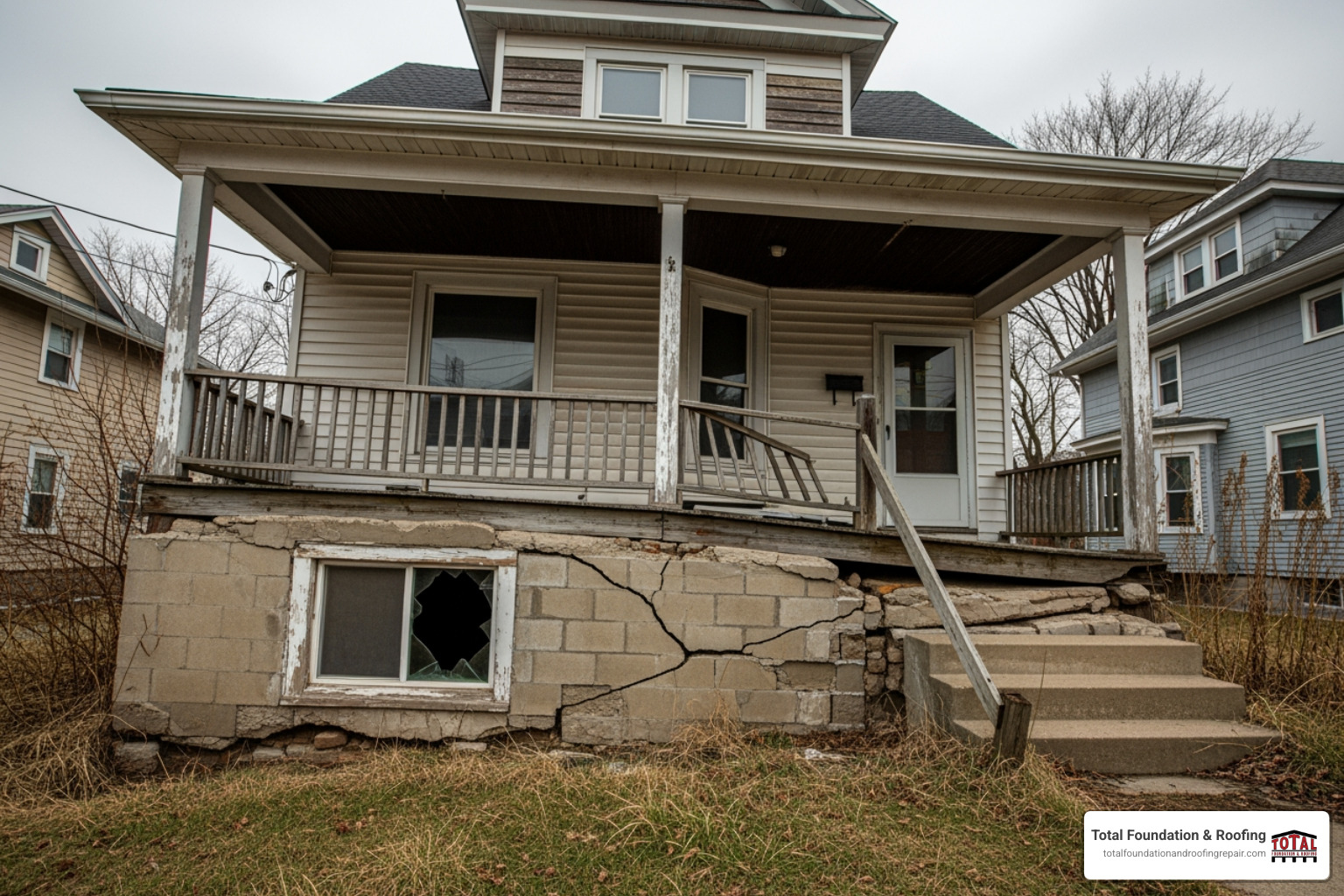 House with visible foundation cracks and a sloping porch - home leveling cost