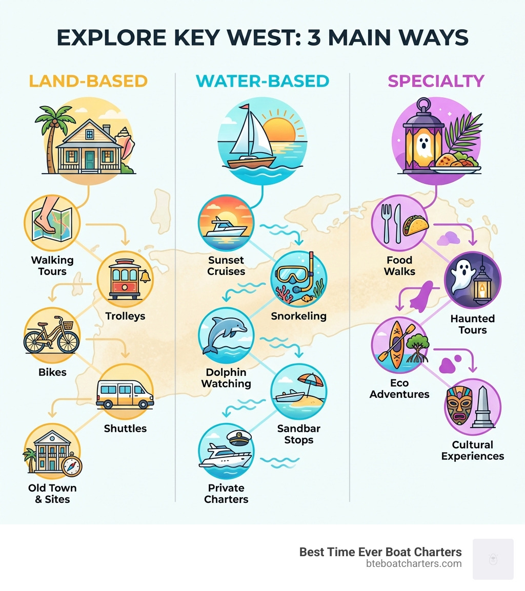 infographic showing three main ways to explore Key West: Land-based options including walking tours, trolleys, bikes, and shuttles through Old Town and historic sites; Water-based options including sunset cruises, snorkeling, dolphin watching, sandbar stops, and private charters; and Specialty tours including food walks, haunted tours, eco adventures, and cultural experiences - key west sightseeing tours infographic infographic showing three main ways to explore Key West: Land-based options including walking tours, trolleys, bikes, and shuttles through Old Town and historic sites; Water-based options including sunset cruises, snorkeling, dolphin watching, sandbar stops, and private charters; and Specialty tours including food walks, haunted tours, eco adventures, and cultural experiences - key west sightseeing tours infographic