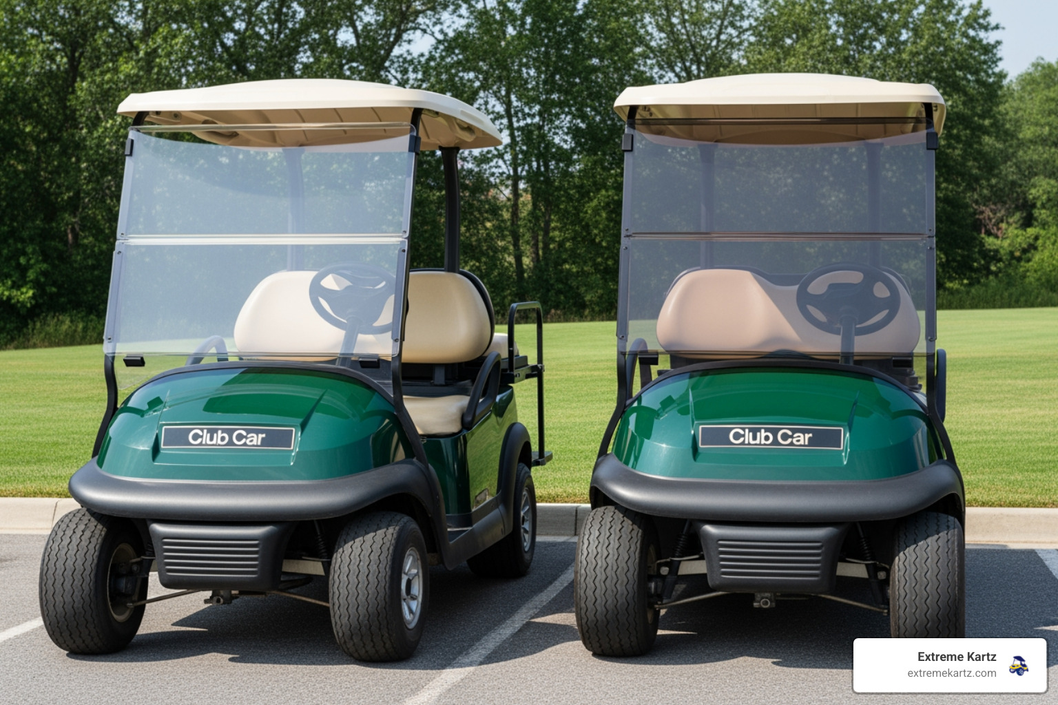 A side-by-side comparison of two Club Car golf carts. The left cart has a perfectly clear windshield, showcasing maximum visibility. The right cart has a subtly tinted windshield, adding a touch of style and glare reduction. - club car golf cart windshield