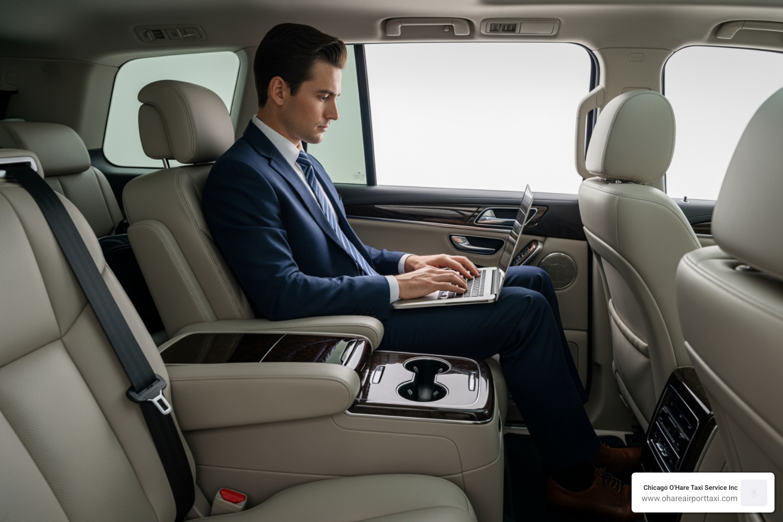 A business traveler types on a laptop in the back of a spacious, luxurious SUV, demonstrating the comfort and productivity possible during a private car charter. - private car charter A business traveler types on a laptop in the back of a spacious, luxurious SUV, demonstrating the comfort and productivity possible during a private car charter. - private car charter