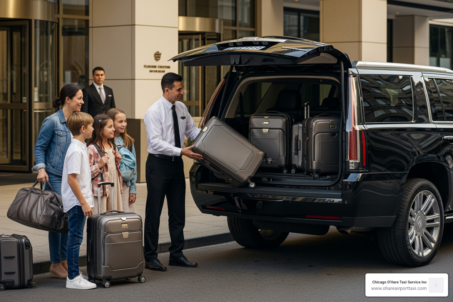 A family loads luggage into a large, comfortable SUV, assisted by a professional chauffeur, highlighting the convenience of private car service for family travel. - private car charter A family loads luggage into a large, comfortable SUV, assisted by a professional chauffeur, highlighting the convenience of private car service for family travel. - private car charter