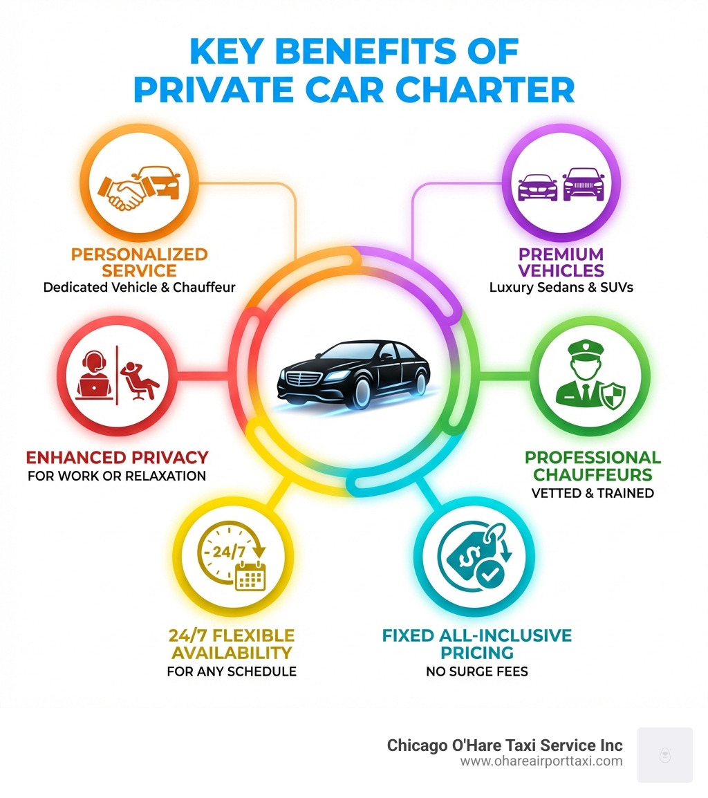 Infographic showing the key benefits of private car charter: Personalized Service with dedicated vehicle and chauffeur, Premium Vehicles including luxury sedans and SUVs, Professional Chauffeurs who are vetted and trained, Fixed All-Inclusive Pricing with no surge fees, 24/7 Flexible Availability for any schedule, and Enhanced Privacy for work or relaxation - private car charter infographic Infographic showing the key benefits of private car charter: Personalized Service with dedicated vehicle and chauffeur, Premium Vehicles including luxury sedans and SUVs, Professional Chauffeurs who are vetted and trained, Fixed All-Inclusive Pricing with no surge fees, 24/7 Flexible Availability for any schedule, and Enhanced Privacy for work or relaxation - private car charter infographic