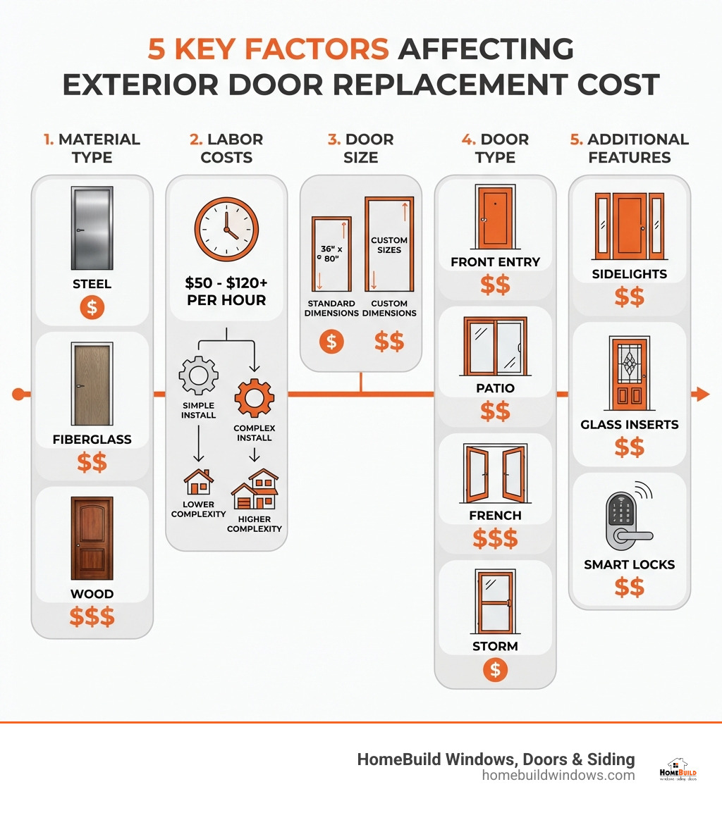 infographic showing five key factors affecting exterior door replacement cost: Material type with images of steel, fiberglass, and wood doors; Labor costs showing hourly rates and complexity; Door size comparing standard versus custom dimensions; Door type showing front entry, patio, French, and storm doors; Additional features including sidelights, glass inserts, and smart locks - replacement doors exterior cost infographic 
