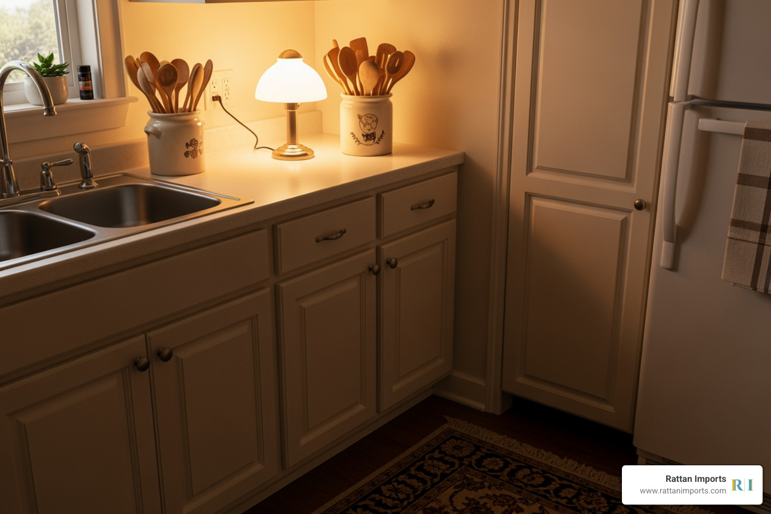 budget-friendly kitchen corner with small lamp, crock of wooden spoons, and patterned rug - nancy meyers kitchen aesthetic