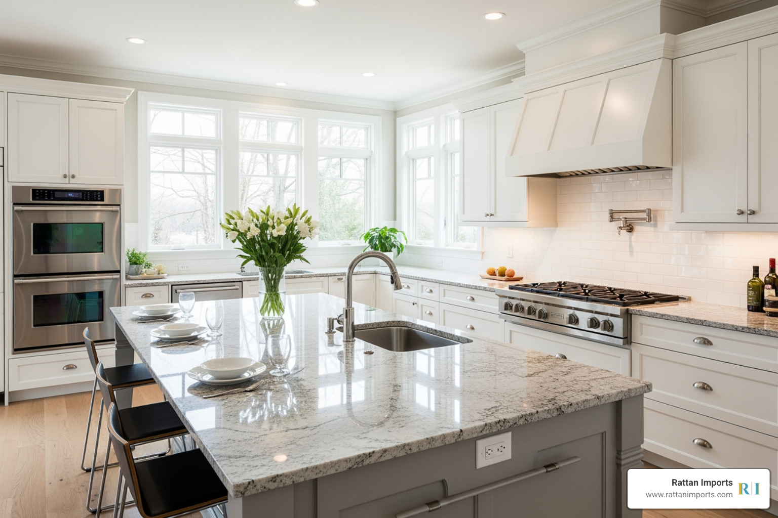 bright airy kitchen with island and white cabinets - nancy meyers kitchen aesthetic