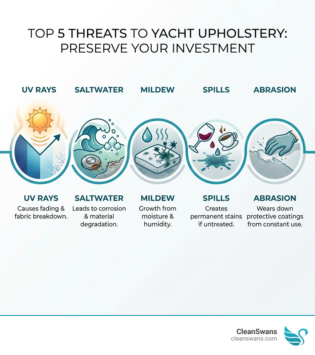 Infographic showing the top 5 threats to yacht upholstery: UV Rays causing fading and fabric breakdown, Saltwater leading to corrosion and material degradation, Mildew growth from moisture and humidity, Spills creating permanent stains if not treated promptly, and Abrasion from constant use wearing down protective coatings - yacht upholstery cleaning infographic 