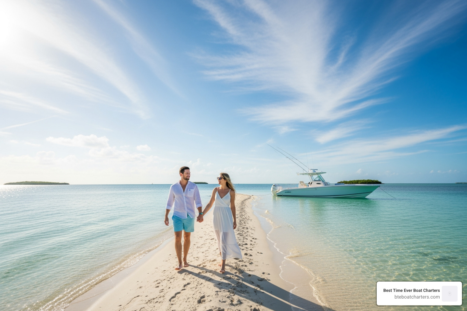 couple walking hand-in-hand on a quiet sandbar accessible by private boat charter in Key West - Romantic Key West activities couple walking hand-in-hand on a quiet sandbar accessible by private boat charter in Key West - Romantic Key West activities