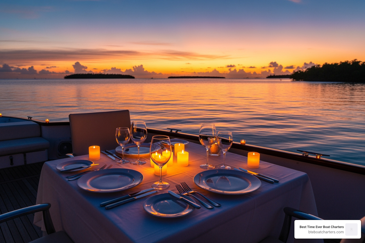 romantic candlelit dinner table set up on a private boat at anchor in Key West - Romantic Key West activities romantic candlelit dinner table set up on a private boat at anchor in Key West - Romantic Key West activities