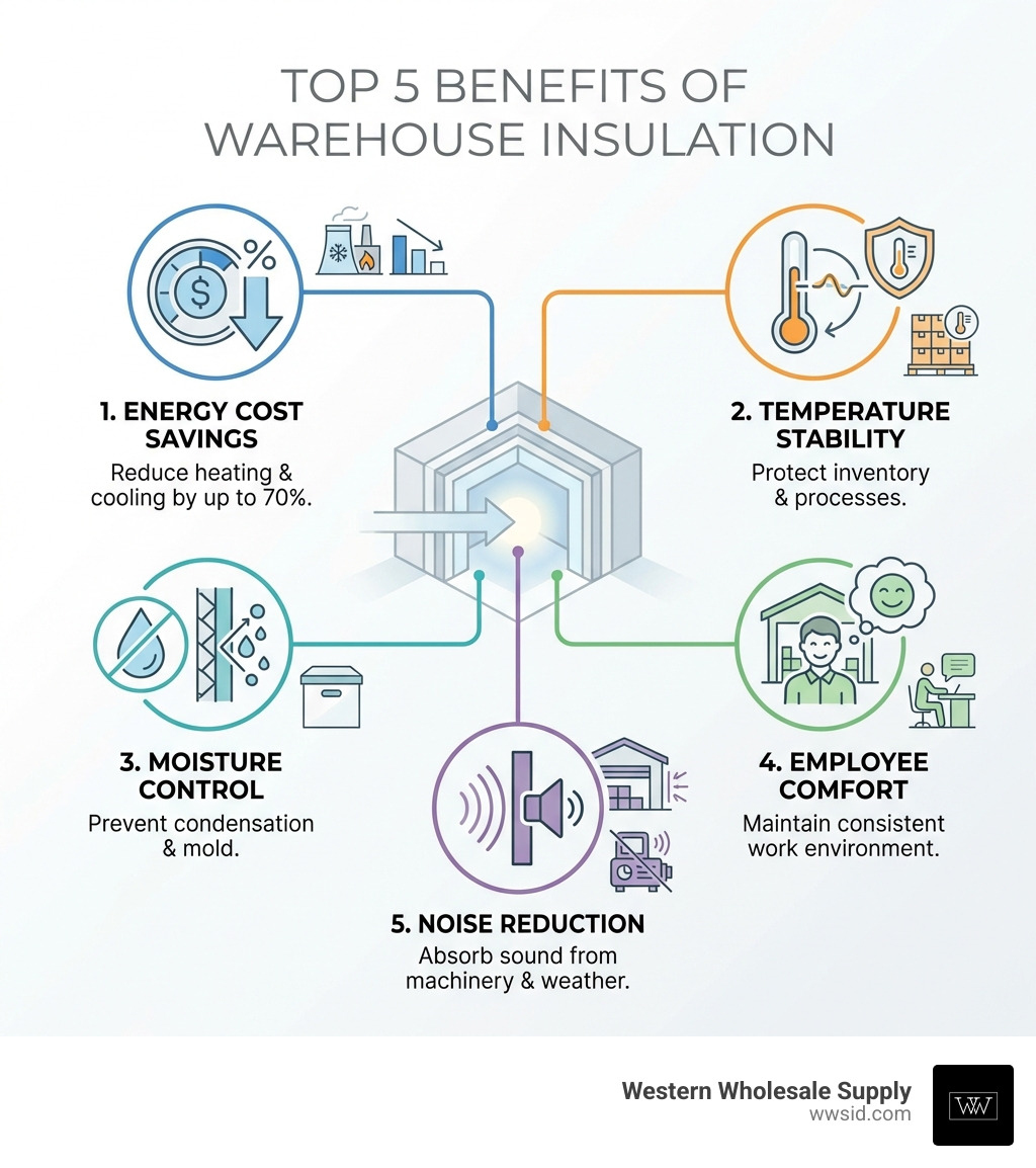 infographic showing the top 5 benefits of warehouse insulation: 1. Energy Cost Savings (reduce heating and cooling by up to 70%), 2. Temperature Stability (protect inventory and processes), 3. Moisture Control (prevent condensation and mold), 4. Employee Comfort (maintain consistent work environment), 5. Noise Reduction (absorb sound from machinery and weather) - Warehouse insulation materials infographic infographic showing the top 5 benefits of warehouse insulation: 1. Energy Cost Savings (reduce heating and cooling by up to 70%), 2. Temperature Stability (protect inventory and processes), 3. Moisture Control (prevent condensation and mold), 4. Employee Comfort (maintain consistent work environment), 5. Noise Reduction (absorb sound from machinery and weather) - Warehouse insulation materials infographic