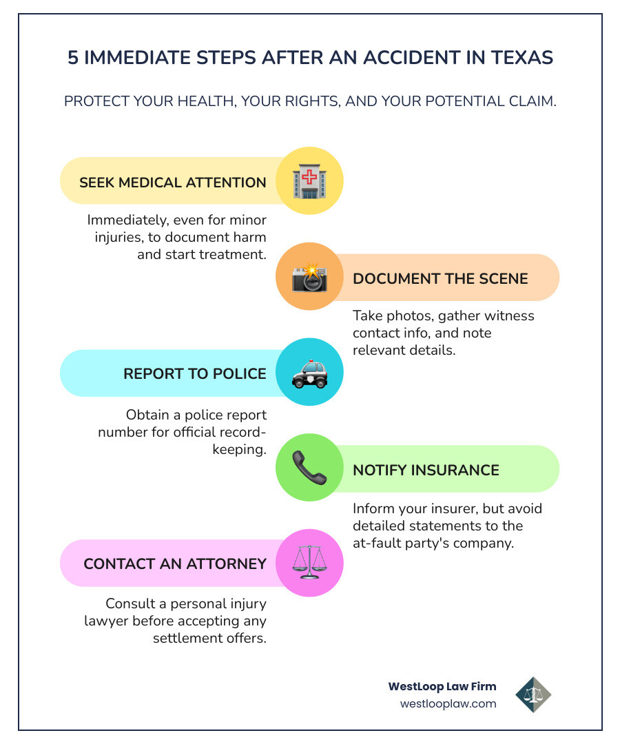 Infographic showing 5 immediate steps after an accident in Texas: 1) Seek medical attention immediately, even for minor injuries 2) Document the scene with photos and witness contact information 3) Report the accident to police and obtain a report number 4) Notify your insurance company but avoid giving detailed statements 5) Contact a personal injury attorney before accepting any settlement offers - Injury attorney Katy TX infographic infographic-line-5-steps-colors Infographic showing 5 immediate steps after an accident in Texas: 1) Seek medical attention immediately, even for minor injuries 2) Document the scene with photos and witness contact information 3) Report the accident to police and obtain a report number 4) Notify your insurance company but avoid giving detailed statements 5) Contact a personal injury attorney before accepting any settlement offers - Injury attorney Katy TX infographic infographic-line-5-steps-colors