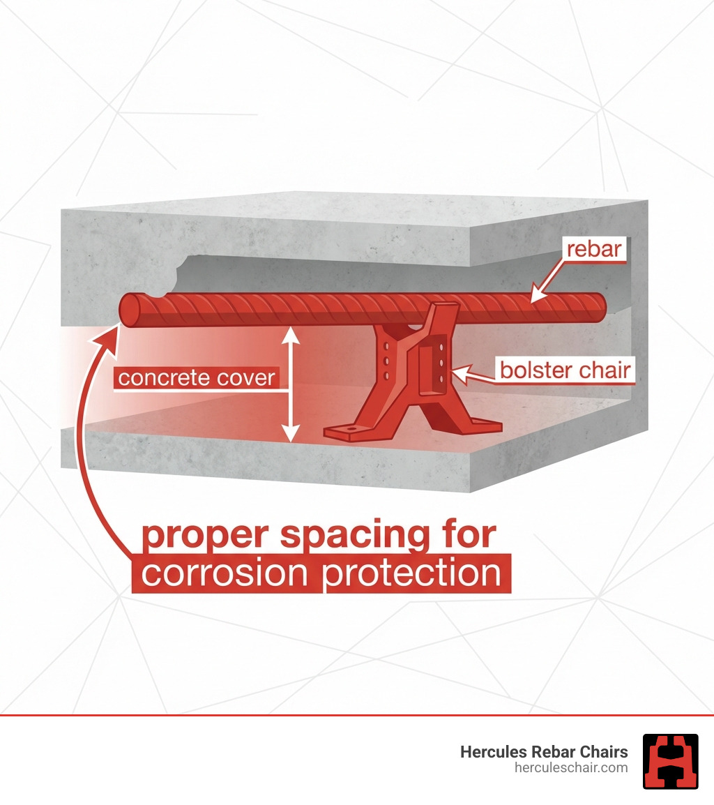infographic showing a cross-section of a concrete slab with a bolster chair supporting rebar at the correct height, with labels indicating "concrete cover," "rebar," "bolster chair," and "proper spacing for corrosion protection" - concrete bolster chairs infographic infographic showing a cross-section of a concrete slab with a bolster chair supporting rebar at the correct height, with labels indicating "concrete cover," "rebar," "bolster chair," and "proper spacing for corrosion protection" - concrete bolster chairs infographic