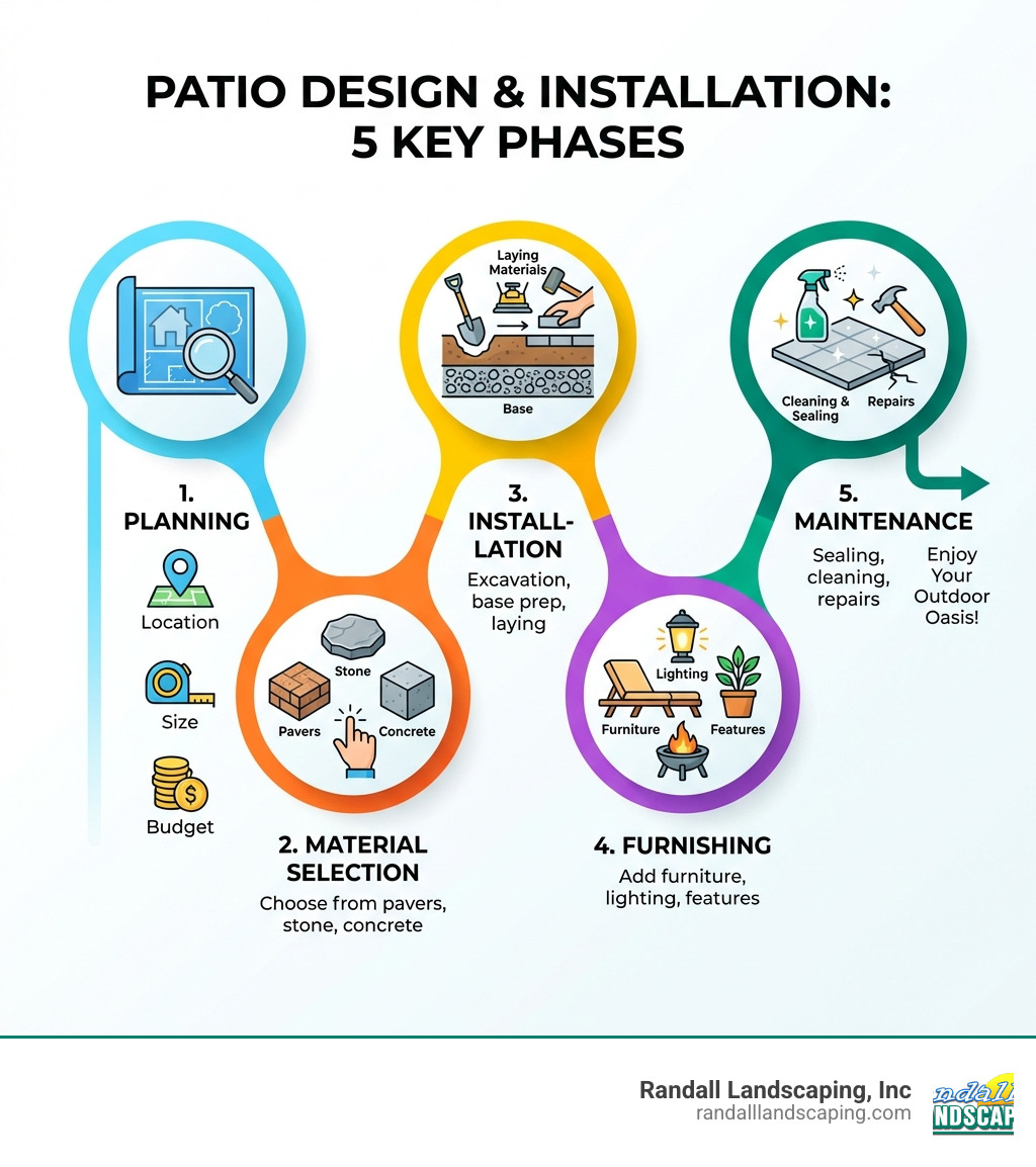 Infographic showing 5 key phases of patio design and installation: Phase 1 Planning (location, size, budget), Phase 2 Material Selection (pavers, stone, concrete), Phase 3 Installation (excavation, base, laying materials), Phase 4 Furnishing (furniture, lighting, features), Phase 5 Maintenance (sealing, cleaning, repairs) - patio design and installation infographic 