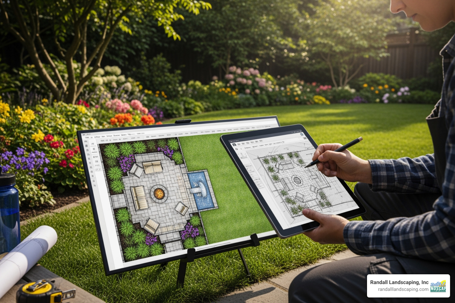 a landscape designer sketching a patio plan on a tablet in a backyard - patio design and installation