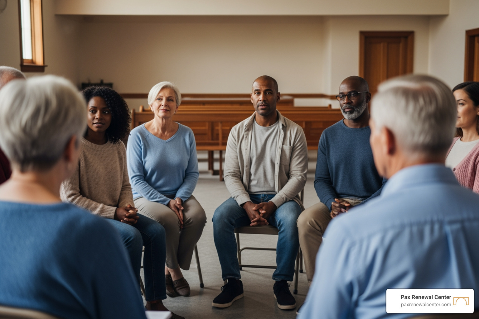 diverse group in a church hall for a support meeting - Catholic mental health