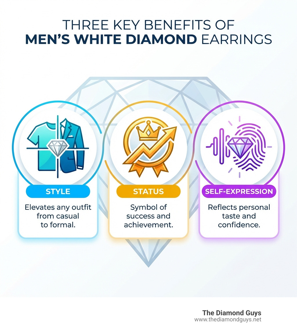 Infographic showing three key benefits of men's diamond earrings: Style (elevates any outfit from casual to formal), Status (symbol of success and achievement), and Self-Expression (reflects personal taste and confidence) - white diamond earrings for men infographic Infographic showing three key benefits of men's diamond earrings: Style (elevates any outfit from casual to formal), Status (symbol of success and achievement), and Self-Expression (reflects personal taste and confidence) - white diamond earrings for men infographic