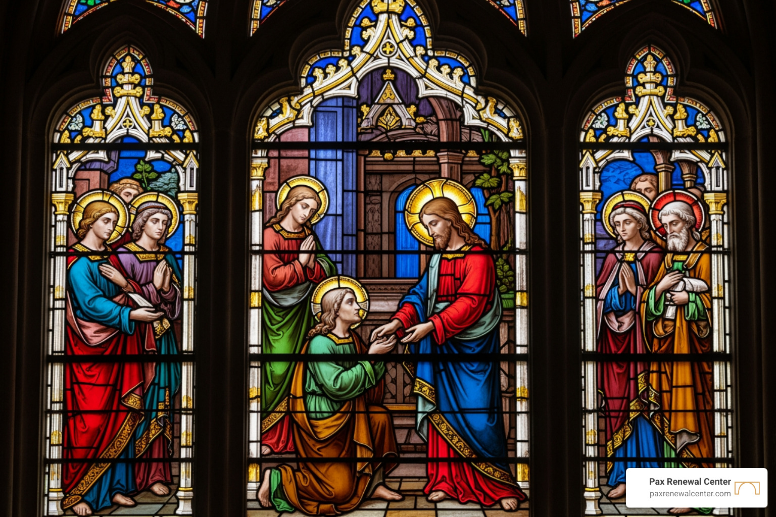 stained-glass window depicting a healing scene - Catholic mental health