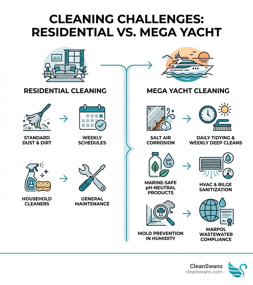 Infographic comparing residential vs mega yacht cleaning challenges: residential shows standard dust/dirt, weekly schedules, household cleaners, and general maintenance; mega yacht shows salt air corrosion, daily tidying with weekly deep cleans, marine-safe pH-neutral products, HVAC/bilge sanitization, mold prevention in humidity, and MARPOL wastewater compliance - mega yacht cleaning infographic 