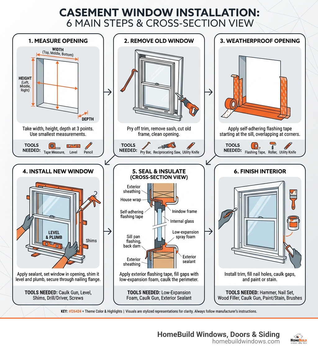 detailed infographic showing the 6 main steps of casement window installation with measurements, tools needed, and cross-section view of proper flashing and sealing techniques - how to install window casement infographic 
