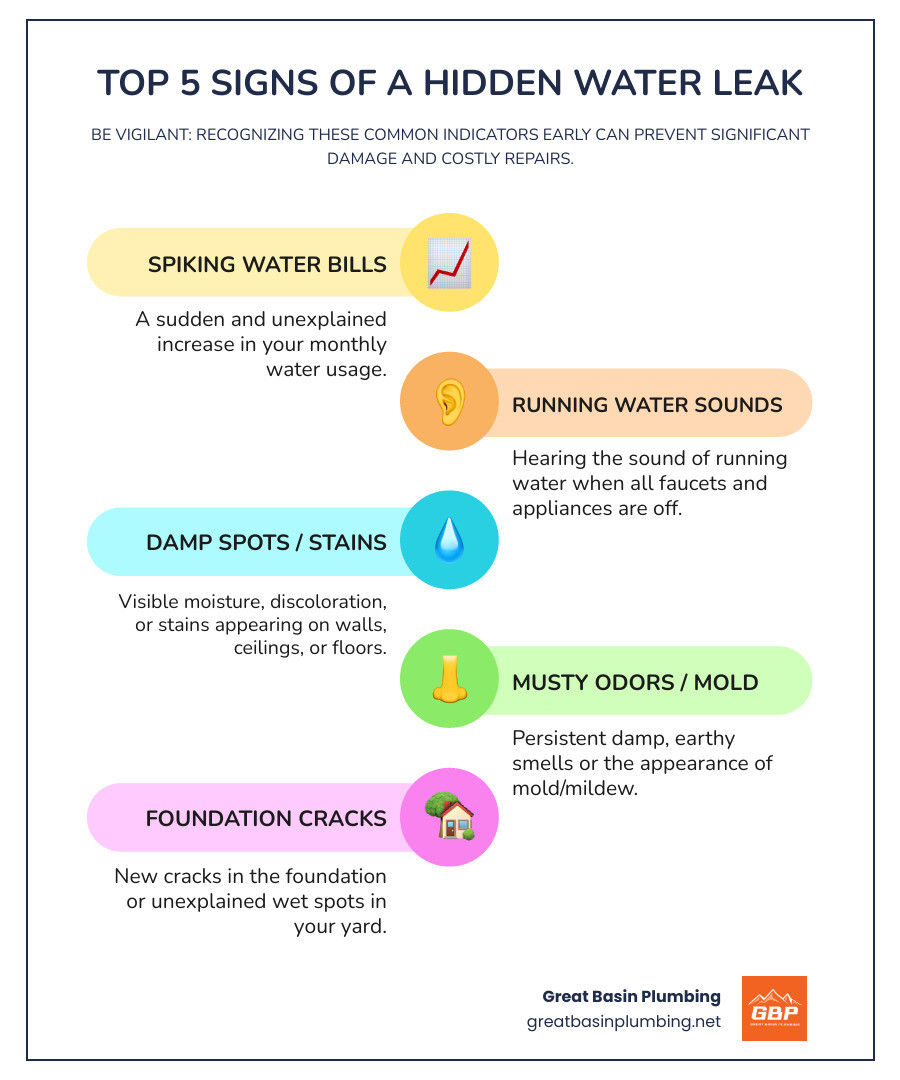 Infographic showing the top 5 signs of a hidden water leak: 1. Unexplained increase in water bills, 2. Sound of running water when all fixtures are off, 3. Damp spots or water stains on walls, ceilings, or floors, 4. Musty odors or visible mold growth, 5. Cracks in foundation or unexplained wet spots in yard - water leak detection contractors infographic infographic-line-5-steps-colors