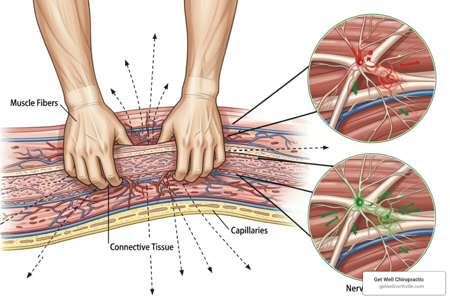 Illustration showing a cross-section of muscle tissue, with hands applying massage techniques. Arrows indicate increased blood flow, and smaller illustrations depict nerve endings, with some showing reduced pain signals. - massage therapy pain relief