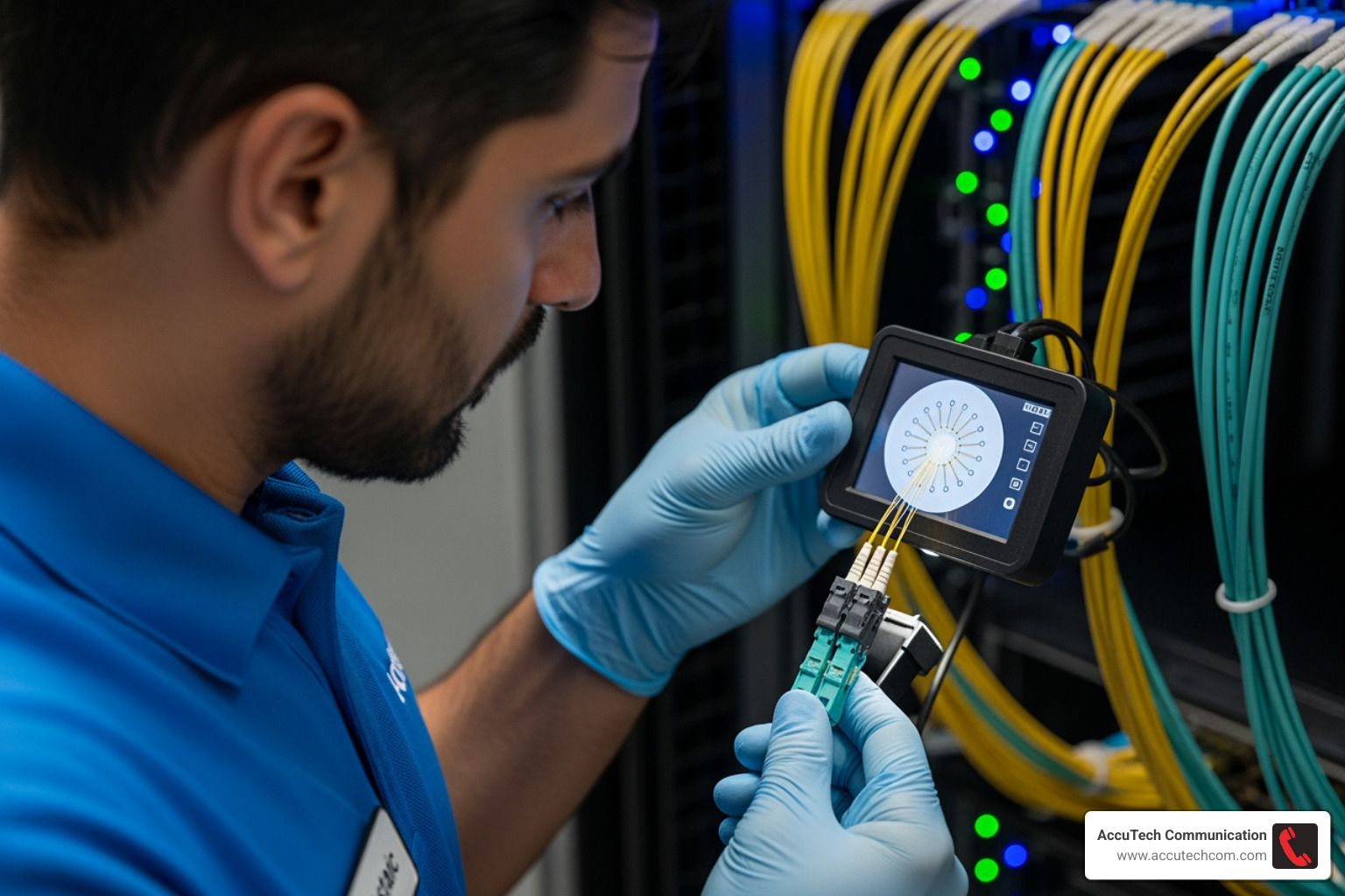 technician inspecting high-density MPO fiber optic connector - fiber optic data centers
