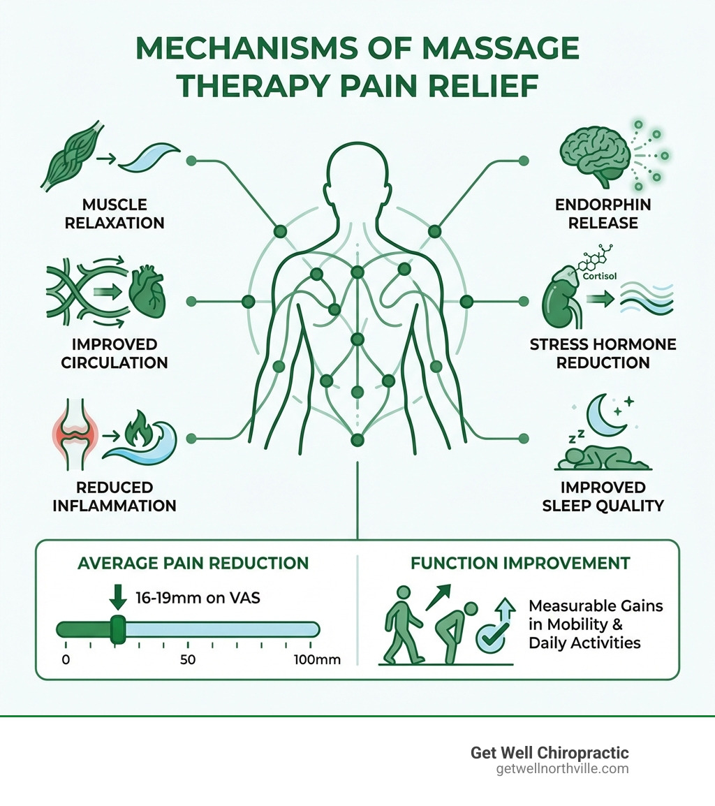 Infographic showing the mechanisms of massage therapy pain relief including muscle relaxation, improved circulation, reduced inflammation, endorphin release, stress hormone reduction, and improved sleep quality, with statistics showing average pain reduction of 16-19mm on visual analogue scales and function improvement scores - massage therapy pain relief infographic 