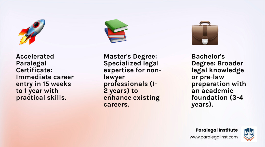 Infographic showing three primary pathways in online legal studies: Accelerated Paralegal Certificate for immediate career entry in 15 weeks to 1 year with practical job-ready skills; Undergraduate Program for broader legal knowledge or pre-law preparation over multiple years with academic foundation; and Master's Degree for specialized non-lawyer professionals in 1-2 years with theoretical legal expertise for career enhancement - Online legal studies program infographic 3_facts_emoji_light-gradient Infographic showing three primary pathways in online legal studies: Accelerated Paralegal Certificate for immediate career entry in 15 weeks to 1 year with practical job-ready skills; Undergraduate Program for broader legal knowledge or pre-law preparation over multiple years with academic foundation; and Master's Degree for specialized non-lawyer professionals in 1-2 years with theoretical legal expertise for career enhancement - Online legal studies program infographic 3_facts_emoji_light-gradient