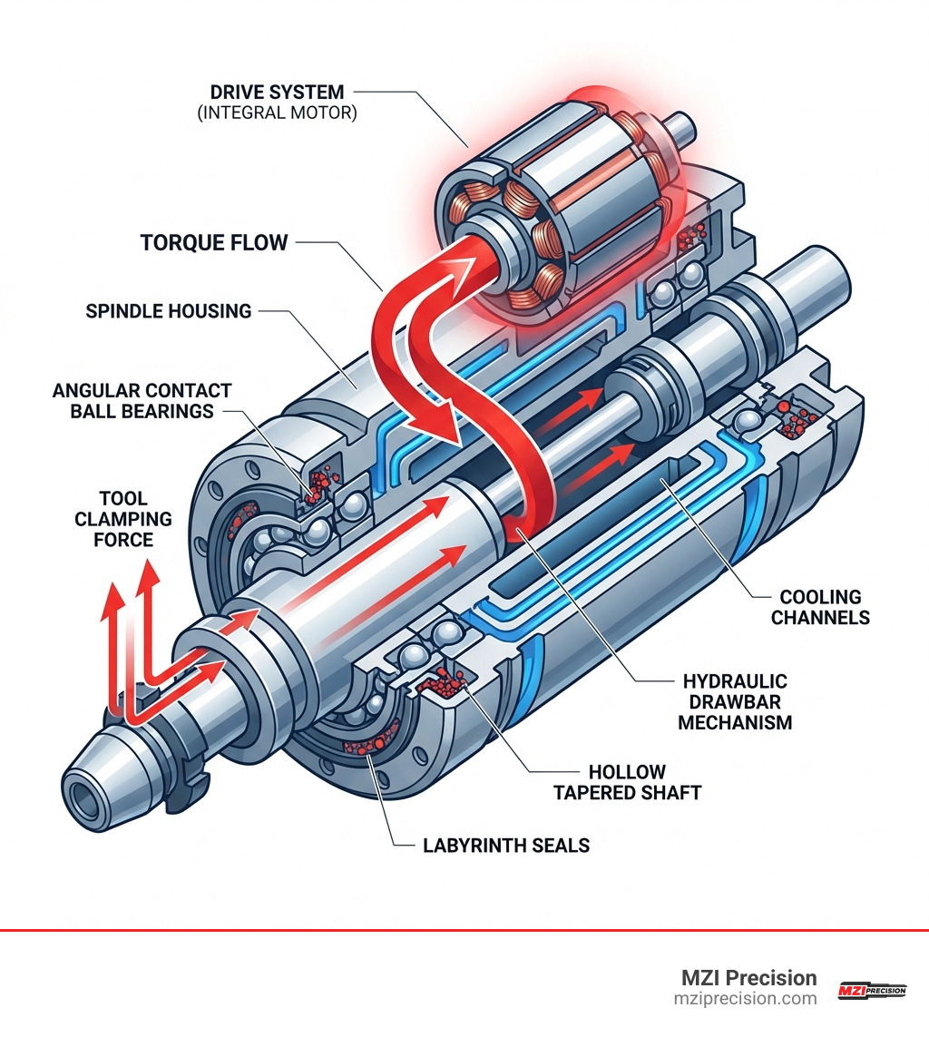 detailed infographic showing the cross-section of an industrial spindle assembly with labeled components including the drive system (belt or integral motor), spindle housing with cooling channels, angular contact ball bearings, labyrinth seals, hollow tapered shaft, and hydraulic drawbar mechanism, with arrows indicating torque flow and tool clamping force - spindle assemblies infographic 