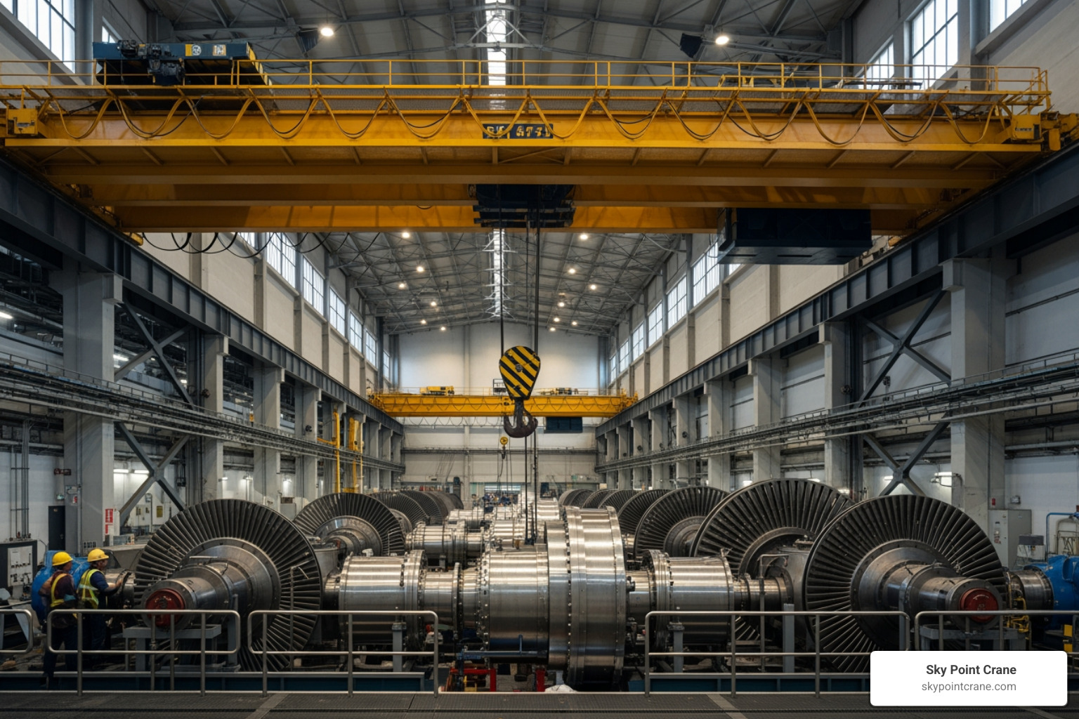A massive overhead crane inside a turbine hall - Cranes used in Power Plants A massive overhead crane inside a turbine hall - Cranes used in Power Plants